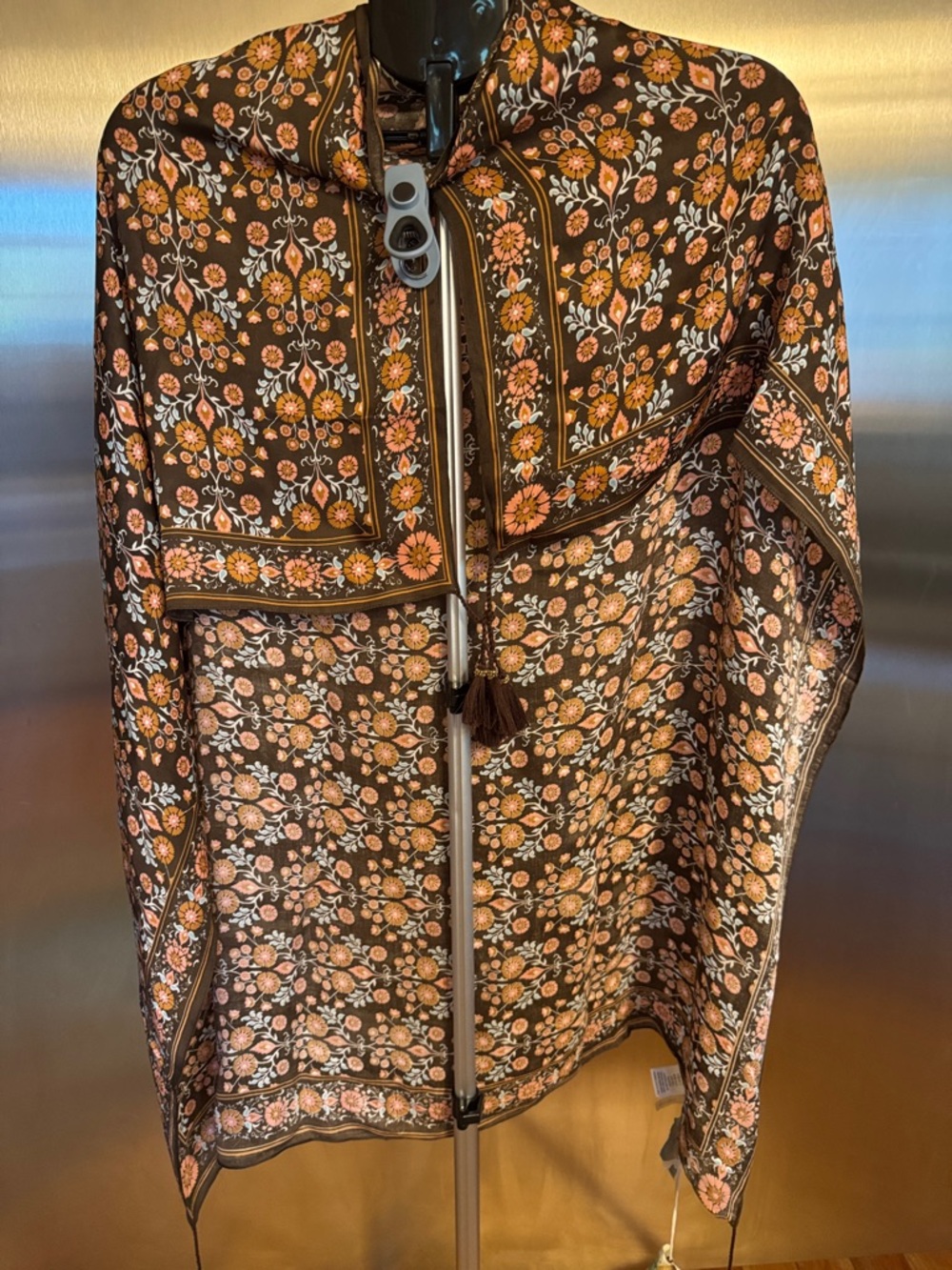 Floral Tassel-Trim Scarf in Brown Punk and Gold-Orange